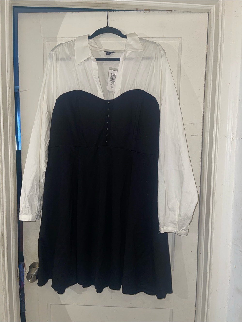 Two-Tone Black and White Long Sleeve Shirt Dress
